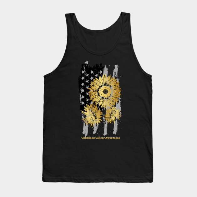 American Flag Sunflower Childhood Cancer Awareness Tank Top by JustBeSatisfied